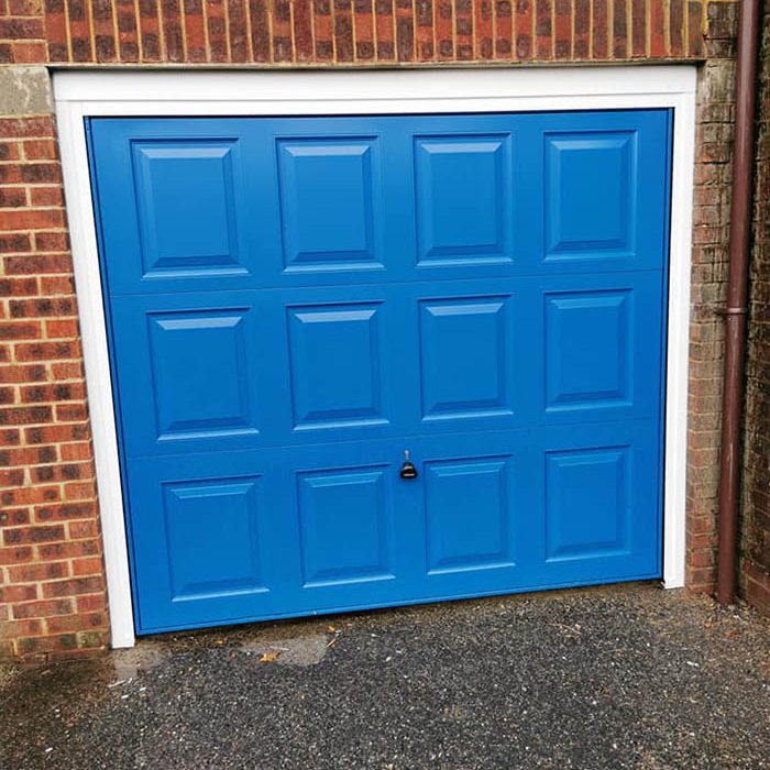 New bright blue garage door